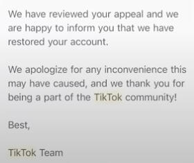 TikTok account appeal email